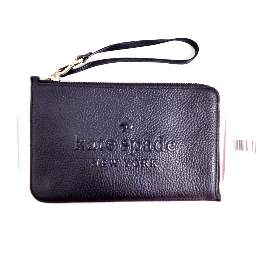 NEW KATE SPADE‎ SIENNE LOGO BLACK LEATHER MED ZIPPER  CLUTCH POUCH WRISTLET NWT